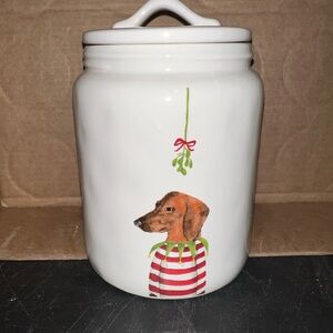 Rae Dunn White Ceramic Jar with Festive Dog Design